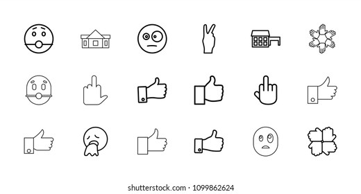 Gesture icon. collection of 18 gesture outline icons such as surprised emot, vomiting emot, middle finger, house, hands, thumb up. editable gesture icons for web and mobile.
