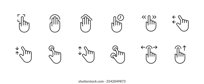 Gesture icon collection. Hand gesture, touch, finger interaction, swipe, slide, finger pointer, tap and more. Editable stroke. Pixel Perfect. Grid base 32px.