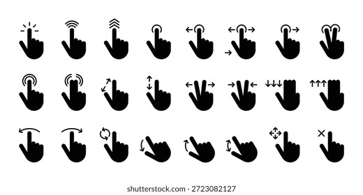 Icono de gesto colección. Gesto de la mano, toque, interacción con el dedo, deslizar, deslizarse, puntero del dedo, toque y más
