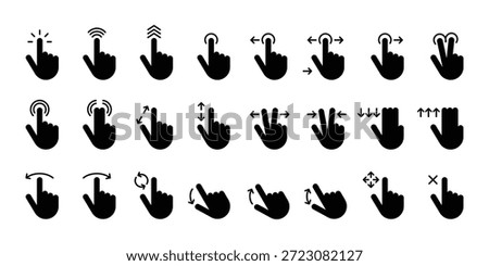 Gesture icon collection. Hand gesture, touch, finger interaction, swipe, slide, finger pointer, tap, and more. touch gesture icon set