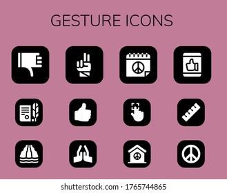 gesture icon set. 12 filled gesture icons.  Simple modern icons such as: Thumbs down, Independence, Slide, Hand, Like, Pray, Peace, Touch, Finger