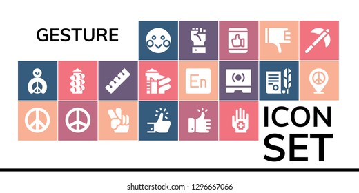  gesture icon set. 19 filled gesture icons. Simple modern icons about  - Shy, Peace, Like, Hand, Slide, Finger, Encore, Touch screen, Independence, Thumbs down, Pick