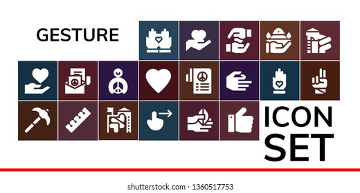 gesture icon set. 19 filled gesture icons.  Collection Of - Hands, Hand, Pick, Finger, Slide, Swipe right, Thumbs up, Peace, Like, Pray