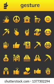 gesture icon set. 26 filled gesture icons.  Collection Of - Like, Hand, Peace sign, Peace, Slide, Stop, Pick, Touch, Promise, Hands, Shy, Yahoo, Pray, Handgrip, Thumb up