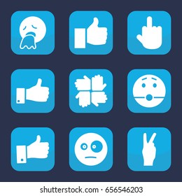Gesture icon. set of 9 filled gesture icons such as surprised emot, vomiting emot, middle finger, thumb up, peace