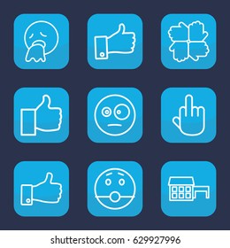 Gesture icon. set of 9 outline gesture icons such as thumb up, surprised emot, vomiting emot, middle finger, house
