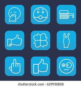 Gesture icon. set of 9 outline gesture icons such as thumb up, surprised emot, vomiting emot, middle finger, peace, house