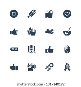 gesture icon set. Collection of 16 filled gesture icons included Hand, Hand grip, Rock, Like, Hand palm, Slide, Likes, Punch, Hands, Clap, Thumbs up, Finger, Stop