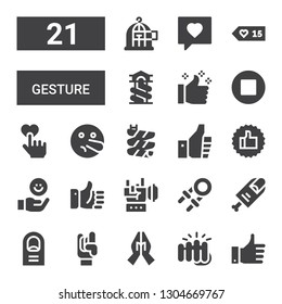 gesture icon set. Collection of 21 filled gesture icons included Like, Fist, Hand, Maloik, Finger, Hand grip, Rock, Thumbs up, Slide, Liar, Stop, Likes, Freedom