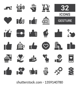 gesture icon set. Collection of 32 filled gesture icons included Slide, Hand grip, Hand, Like, Likes, Oath, Freedom, Touch screen, Thumbs up, Namaste, Rock, Prayer