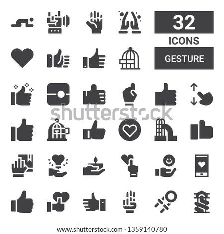 gesture icon set. Collection of 32 filled gesture icons included Slide, Hand grip, Hand, Like, Likes, Oath, Freedom, Touch screen, Thumbs up, Namaste, Rock, Prayer