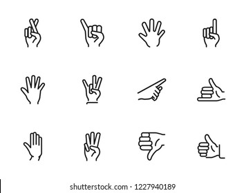 Gesture icon. Set of line icons on white background. Thumb up, open palm, direction. Hand sign concept. Vector illustration can be used for topics like communication, finger language, symbols