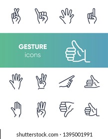 Gesture icon. Set of line icons on white background. Thumb up, open palm, direction. Hand sign concept. Vector illustration can be used for topics like communication, finger language, symbols