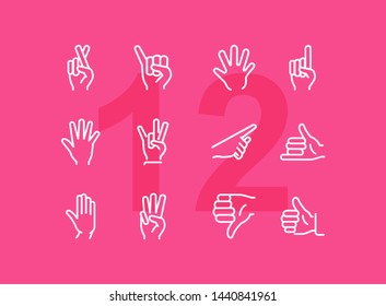 Gesture icon. Set of line icons on white background. Thumb up, open palm, direction. Hand sign concept. Vector illustration can be used for topics like communication, finger language, symbols