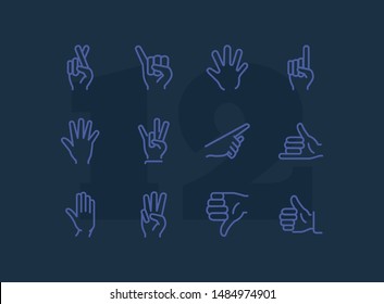 Gesture icon. Set of line icons on white background. Thumb up, open palm, direction. Hand sign concept. Vector illustration can be used for topics like communication, finger language, symbols