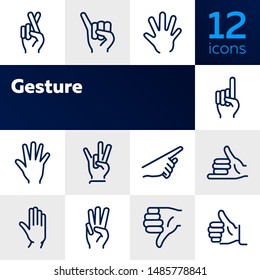 Gesture icon. Set of line icons on white background. Thumb up, open palm, direction. Hand sign concept. Vector illustration can be used for topics like communication, finger language, symbols