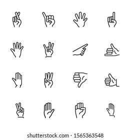 Gesture Icon. Set Of Line Icons On White Background. Thumb Up, Open Palm, Direction. Hand Sign Concept. Vector Illustration Can Be Used For Topics Like Communication, Finger Language, Symbols