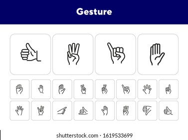 Gesture icon. Set of line icons on white background. Thumb up, open palm, direction. Hand sign concept. Vector illustration can be used for topics like communication, finger language, symbols