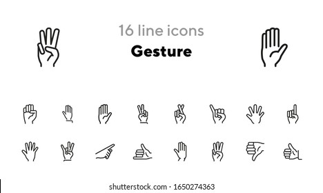 Icono de gesto. Conjunto de iconos de línea en fondo blanco. Levántate, palma abierta, dirección. Concepto de firma manual. La ilustración vectorial puede utilizarse para temas como comunicación, lenguaje de dedo, símbolos