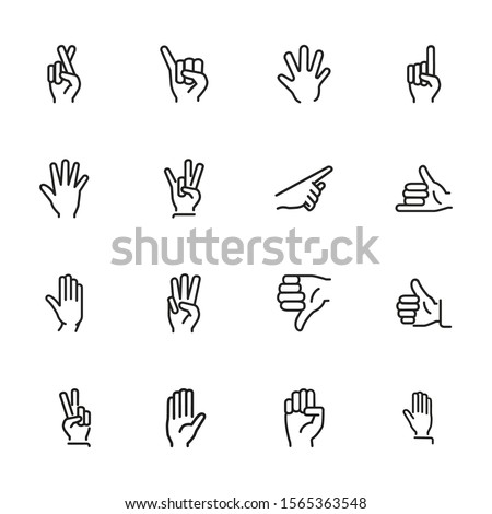 Gesture icon. Set of line icons on white background. Thumb up, open palm, direction. Hand sign concept. Vector illustration can be used for topics like communication, finger language, symbols