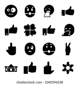 Gesture icons. set of 16 editable filled gesture icons such as surprised emot, vomiting emot, middle finger, hands, thumb up, peace