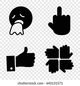 Gesture icons set. set of 4 gesture filled icons such as vomiting emot, middle finger, thumb up