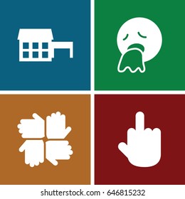 Gesture icons set. set of 4 gesture filled icons such as vomiting emot, middle finger, house