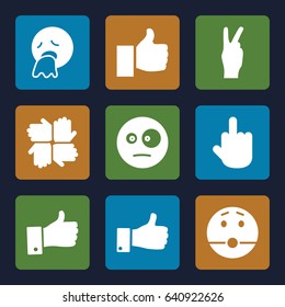 Gesture icons set. set of 9 gesture filled icons such as surprised emot, vomiting emot, middle finger, thumb up, peace