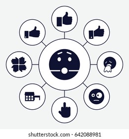 Gesture icons set. set of 9 gesture filled icons such as surprised emot, vomiting emot, middle finger, thumb up, house