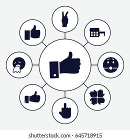 Gesture icons set. set of 9 gesture filled icons such as vomiting emot, surprised emot, middle finger, thumb up, peace, house