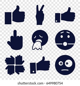 Gesture icons set. set of 9 gesture filled icons such as surprised emot, vomiting emot, middle finger, thumb up, peace