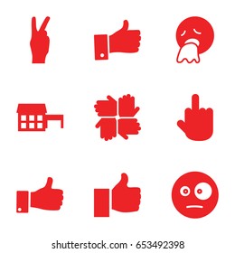 Gesture icons set. set of 9 gesture filled icons such as surprised emot, vomiting emot, middle finger, thumb up, peace, house