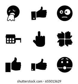 Gesture icons set. set of 9 gesture filled icons such as surprised emot, vomiting emot, middle finger, thumb up, house