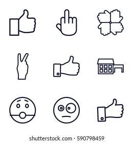 gesture icons set. Set of 9 gesture outline icons such as thumb up, surprised emot, middle finger, peace, house