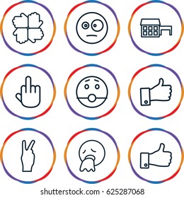 Gesture icons set. set of 9 gesture outline icons such as thumb up, surprised emot, vomiting emot, middle finger, peace, house