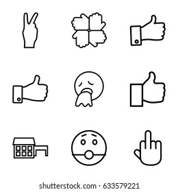 Gesture icons set. set of 9 gesture outline icons such as thumb up, vomiting emot, surprised emot, middle finger, peace, house