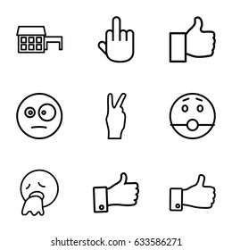 Gesture icons set. set of 9 gesture outline icons such as thumb up, surprised emot, vomiting emot, middle finger, peace