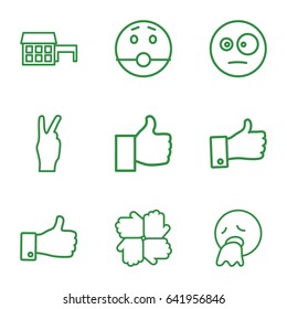 Gesture icons set. set of 9 gesture outline icons such as thumb up, surprised emot, vomiting emot, peace, house