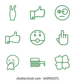 Gesture icons set. set of 9 gesture outline icons such as thumb up, surprised emot, vomiting emot, middle finger, peace, house