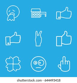Gesture icons set. set of 9 gesture outline icons such as thumb up, surprised emot, vomiting emot, middle finger, peace, house