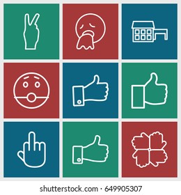 Gesture icons set. set of 9 gesture outline icons such as thumb up, vomiting emot, surprised emot, middle finger, peace, house