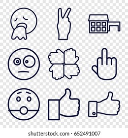 Gesture icons set. set of 9 gesture outline icons such as thumb up, surprised emot, vomiting emot, middle finger, peace, house