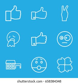 Gesture icons set. set of 9 gesture outline icons such as thumb up, surprised emot, vomiting emot, peace, house
