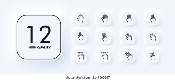 Gesture icons set. approach and distance. Move, hold gestures. Hold with all fingers. Pressing force. Neomorphism style.