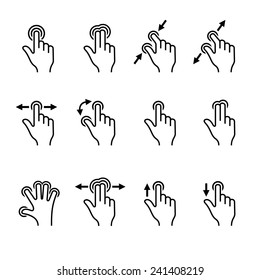 Conjunto de ícones de gesto para dispositivos móveis de toque. Ilustração vetorial