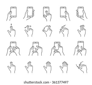 Iconos de gesto para smartphones. Iconos lineales para una interfaz de usuario o manual de una aplicación móvil. Iconos vectoriales con un esquema simple