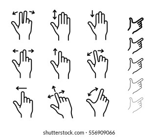 Iconos de gesto para smartphones y otros dispositivos de pantalla táctil. Todos los iconos contienen trazos no expandidos. Icono lineal establecido para una aplicación móvil, interfaz de usuario o manual