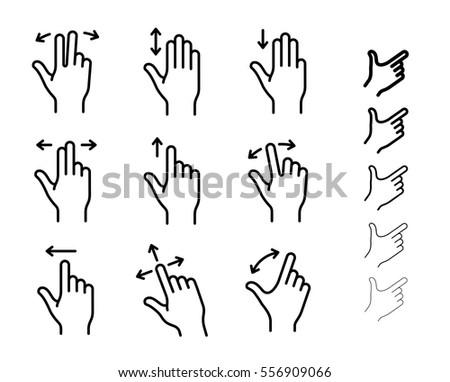 Gesture icons for smartphones and other touchscreen devices. All icons contain non-expanded strokes. Linear icon set for a mobile app, user interface or manual