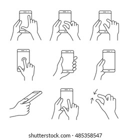 Iconos de gesto para smartphones. Icono de vector simple esbozado para una interfaz de usuario o manual de una aplicación móvil. Estilo lineal