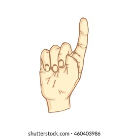Gesture of the index finger upwards. Vector color illustration in a realistic 3d style. Object hands in a complex interpretations. Doodle. Isolated on white background. Eps10. For different design.